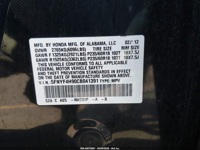 Продаж на аукціоні авто 2012 Honda Pilot Touring, vin: 5FNYF4H90CB041391, номер лоту: 45070801