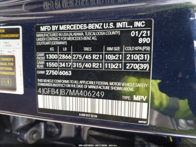 Продажа на аукционе авто 2021 Mercedes-benz Gle 350, vin: 4JGFB4JB7MA406249, номер лота: 45070804