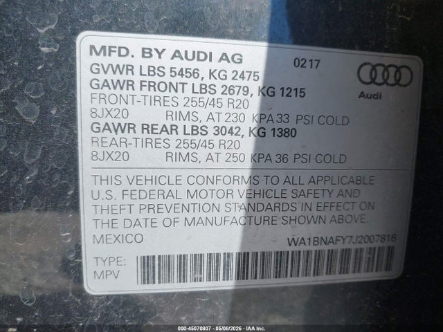 45070807 :رقم المزاد ، WA1BNAFY7J2007816 vin ، 2018 Audi Q5 2.0t Premium/2.0t Tech Premium مزاد بيع