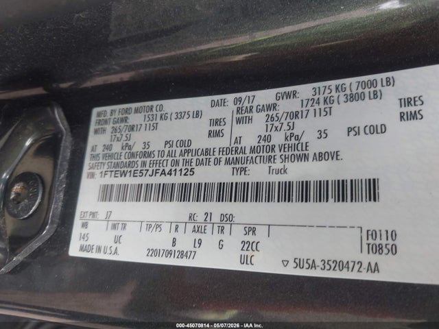 Продаж на аукціоні авто 2018 Ford F-150 Xlt, vin: 1FTEW1E57JFA41125, номер лоту: 45070814
