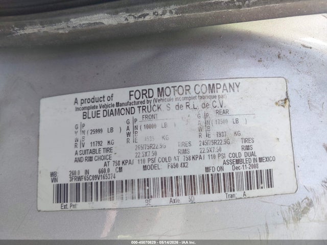 2009 Ford F-650 Xl/xlt მანქანა იყიდება აუქციონზე, vin: 3FRWF65C09V165374, აუქციონის ნომერი: 45070829