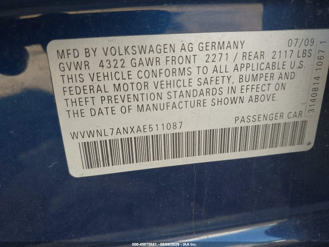45070841 :رقم المزاد ، WVWNL7ANXAE511087 vin ، 2010 Volkswagen Cc Sport مزاد بيع