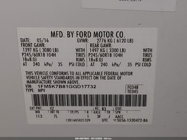 1FM5K7B81GGD17732 Ford Explorer