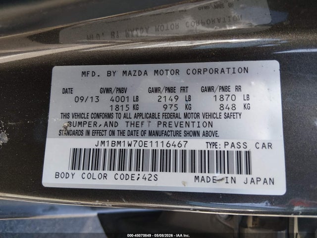 Aukcja sprzedaży 2014 Mazda Mazda3 I Grand Touring, vin: JM1BM1W70E1116467, numer aukcji: 45070849
