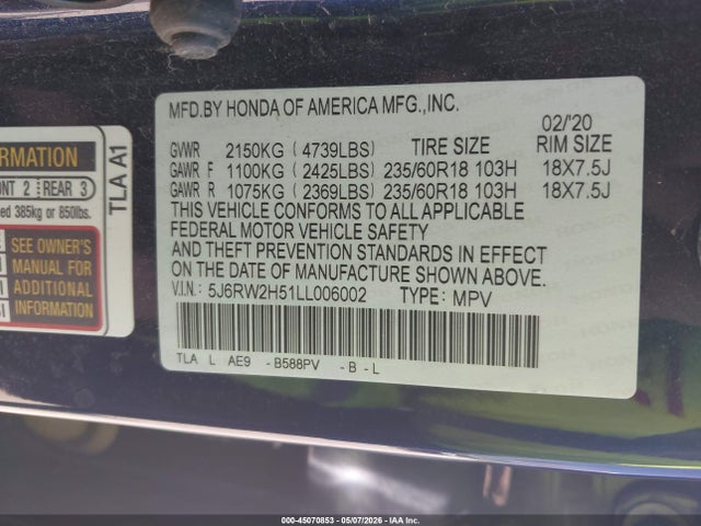 Продаж на аукціоні авто 2020 Honda Cr-v Awd Ex, vin: 5J6RW2H51LL006002, номер лоту: 45070853