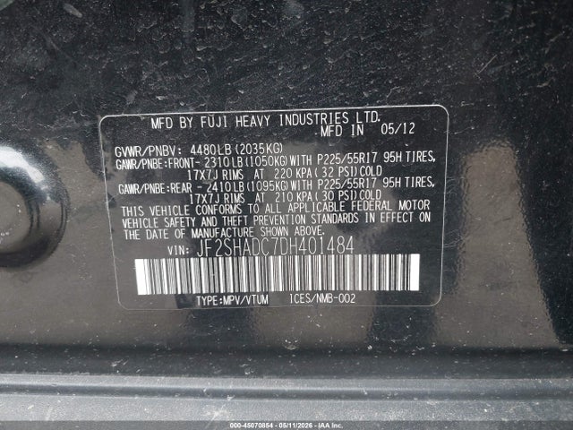 2013 Subaru Forester 2.5x Premium მანქანა იყიდება აუქციონზე, vin: JF2SHADC7DH401484, აუქციონის ნომერი: 45070854
