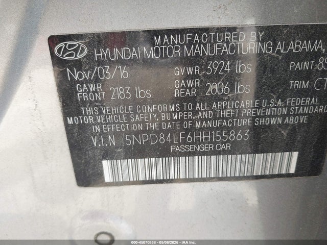 2017 Hyundai Elantra Value Edition მანქანა იყიდება აუქციონზე, vin: 5NPD84LF6HH155863, აუქციონის ნომერი: 45070858