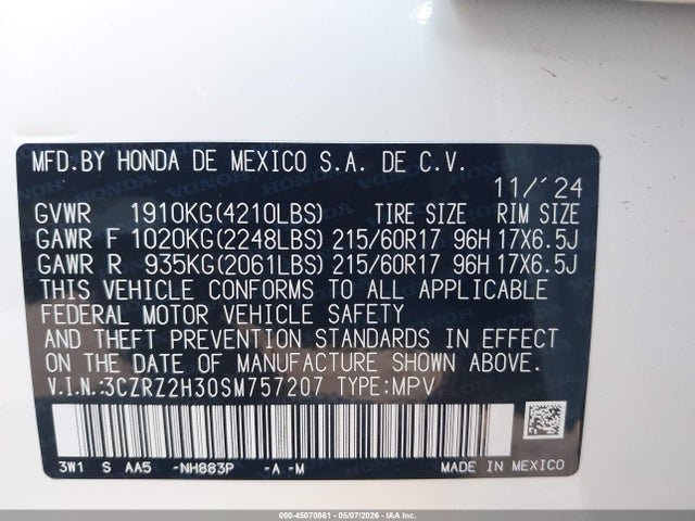 Продаж на аукціоні авто 2025 Honda Hr-v Awd Lx, vin: 3CZRZ2H30SM757207, номер лоту: 45070861