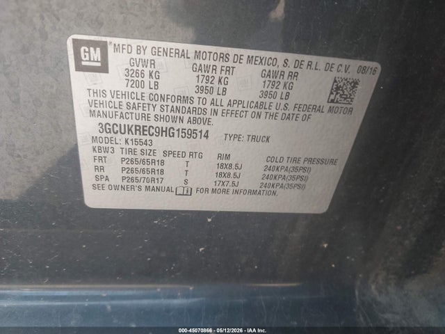 Aukcja sprzedaży 2017 Chevrolet Silverado 1500 2lt, vin: 3GCUKREC9HG159514, numer aukcji: 45070866
