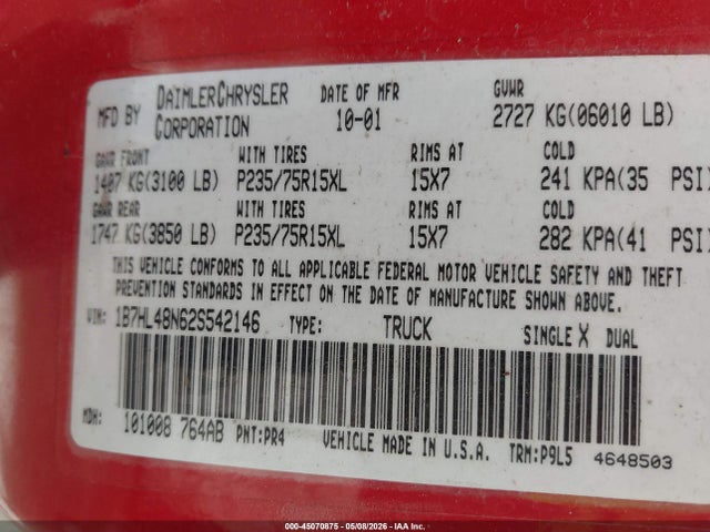 45070875 :رقم المزاد ، 1B7HL48N62S542146 vin ، 2002 Dodge Dakota Slt مزاد بيع