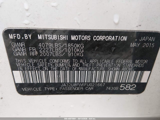 2015 Mitsubishi Lancer Gt მანქანა იყიდება აუქციონზე, vin: JA32U8FW6FU021667, აუქციონის ნომერი: 45070881