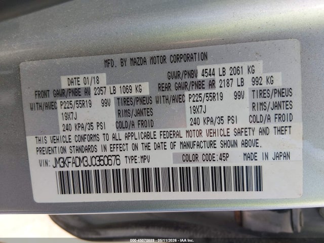45070889 :رقم المزاد ، JM3KFADM3J0350676 vin ، 2018 Mazda Cx-5 Grand Touring مزاد بيع