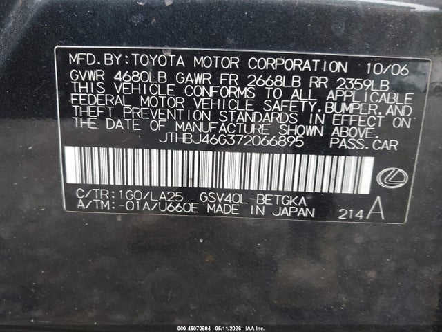 45070894 :رقم المزاد ، JTHBJ46G372066895 vin ، 2007 Lexus Es 350 مزاد بيع