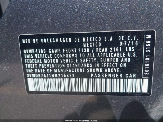 45070895 :رقم المزاد ، 3VWDB7AJ1HM215839 vin ، 2017 Volkswagen Jetta 1.4t Se مزاد بيع