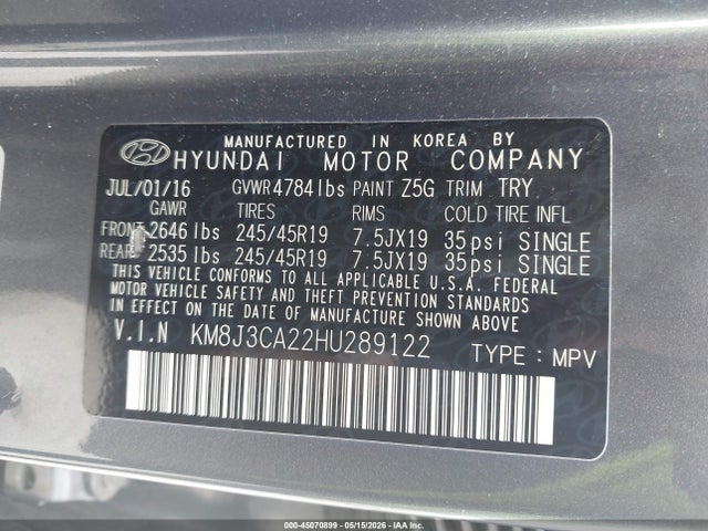 Aukcja sprzedaży 2017 Hyundai Tucson Limited, vin: KM8J3CA22HU289122, numer aukcji: 45070899