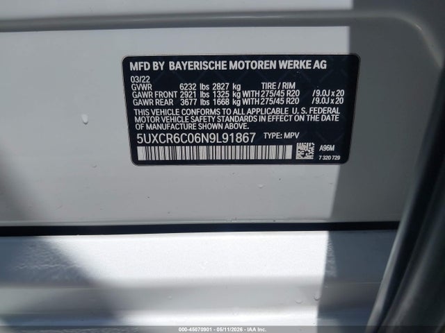 2022 Bmw X5 Xdrive40i მანქანა იყიდება აუქციონზე, vin: 5UXCR6C06N9L91867, აუქციონის ნომერი: 45070901