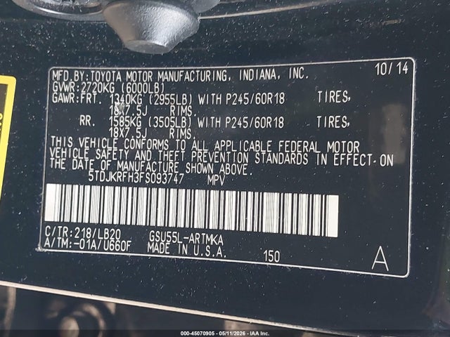 2015 Toyota Highlander Xle V6 მანქანა იყიდება აუქციონზე, vin: 5TDJKRFH3FS093747, აუქციონის ნომერი: 45070905