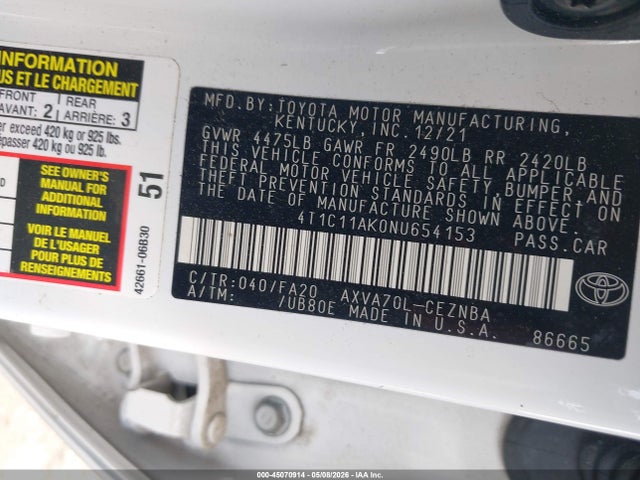 Продажа на аукционе авто 2022 Toyota Camry Le, vin: 4T1C11AK0NU654153, номер лота: 45070914