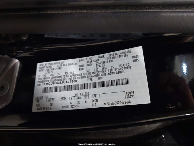 2018 Ford Escape Sel მანქანა იყიდება აუქციონზე, vin: 1FMCU9HD8JUA77668, აუქციონის ნომერი: 45070916