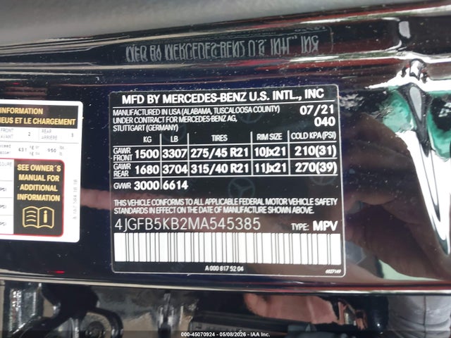 2021 Mercedes-benz Gle 450 4matic მანქანა იყიდება აუქციონზე, vin: 4JGFB5KB2MA545385, აუქციონის ნომერი: 45070924