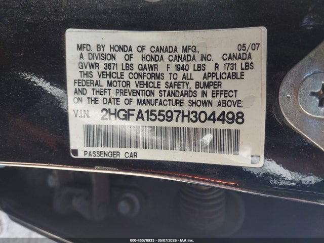2007 Honda Civic Lx მანქანა იყიდება აუქციონზე, vin: 2HGFA15597H304498, აუქციონის ნომერი: 45070933