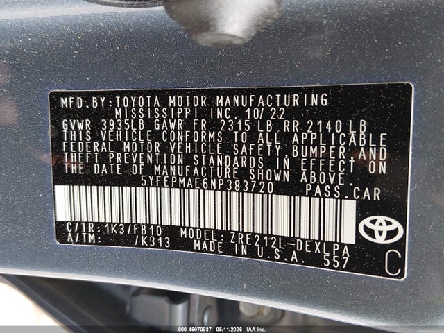 Toyota COROLLA LE 2022 5YFEPMAE6NP383720 Image 9