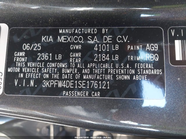 2025 Kia K4 Gt-line მანქანა იყიდება აუქციონზე, vin: 3KPFW4DE1SE176121, აუქციონის ნომერი: 45070938