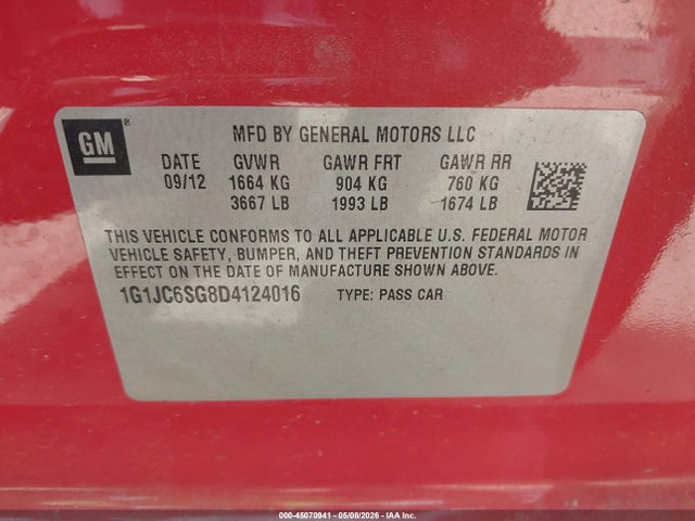 Продаж на аукціоні авто 2013 Chevrolet Sonic Lt Auto, vin: 1G1JC6SG8D4124016, номер лоту: 45070941