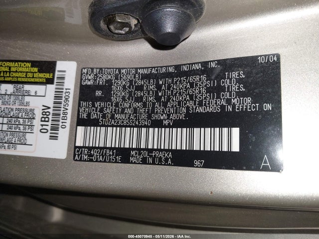 Продаж на аукціоні авто 2005 Toyota Sienna Le, vin: 5TDZA23C85S243940, номер лоту: 45070945