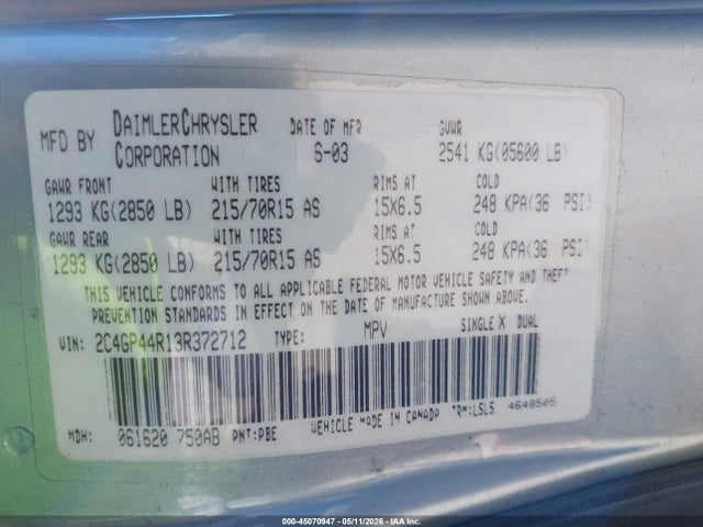 45070947 :رقم المزاد ، 2C4GP44R13R372712 vin ، 2003 Chrysler Town & Country Lx مزاد بيع