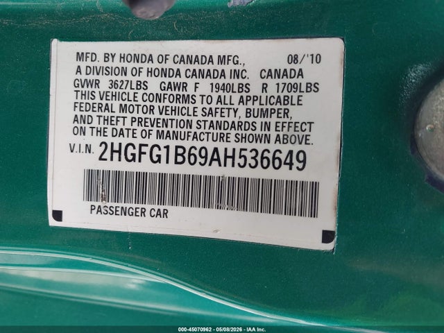 Продаж на аукціоні авто 2010 Honda Civic Lx, vin: 2HGFG1B69AH536649, номер лоту: 45070962