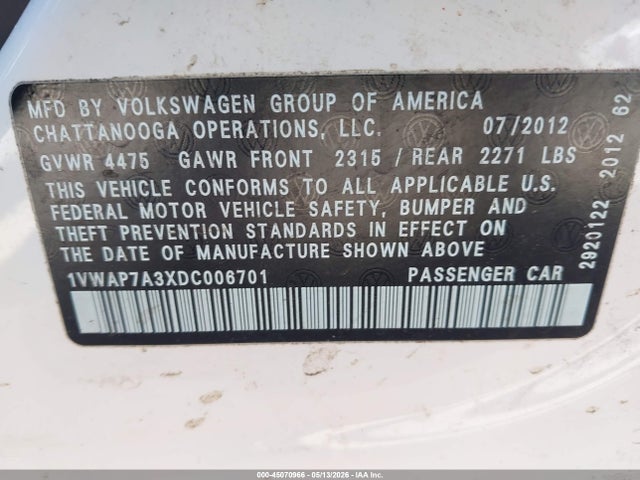 Продажа на аукционе авто 2013 Volkswagen Passat 2.5l S, vin: 1VWAP7A3XDC006701, номер лота: 45070966