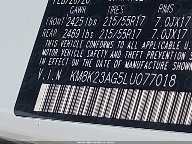 2020 Hyundai Kona Electric Sel მანქანა იყიდება აუქციონზე, vin: KM8K23AG5LU077018, აუქციონის ნომერი: 45070969