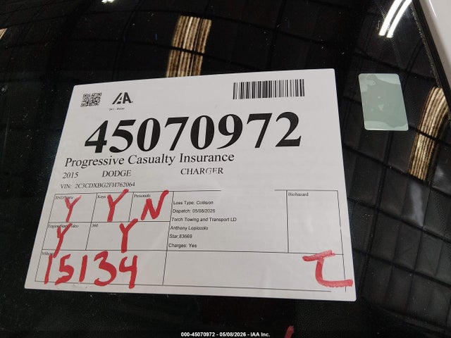 45070972 :رقم المزاد ، 2C3CDXBG2FH762064 vin ، 2015 Dodge Charger Se مزاد بيع