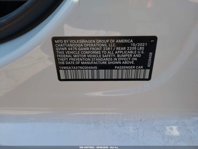 Продаж на аукціоні авто 2022 Volkswagen Passat 2.0t Se, vin: 1VWSA7A37NC004945, номер лоту: 45070982