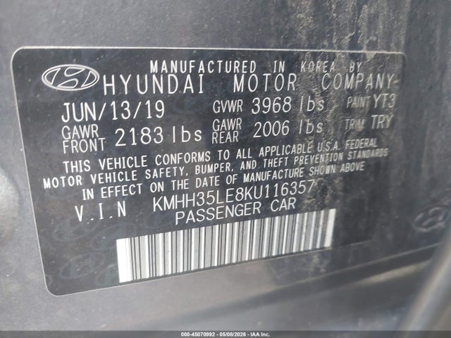 Aukcja sprzedaży 2019 Hyundai Elantra Gt, vin: KMHH35LE8KU116357, numer aukcji: 45070992