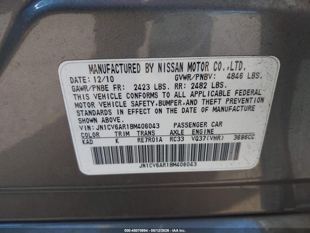 Aukcja sprzedaży 2011 Infiniti G37x, vin: JN1CV6AR1BM406043, numer aukcji: 45070994