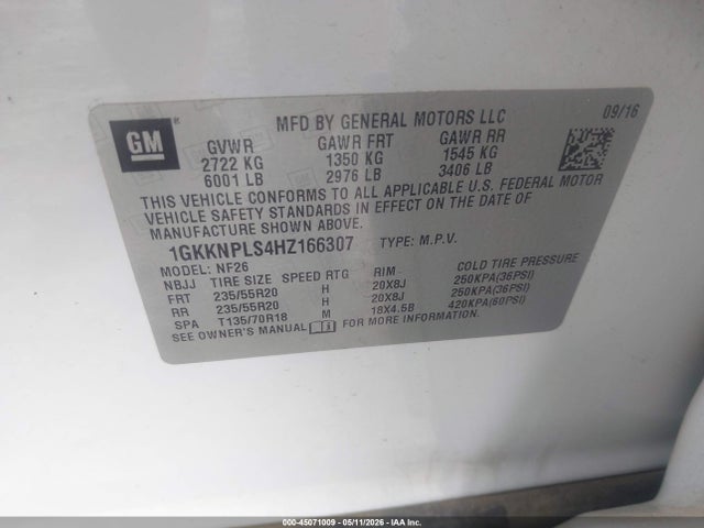 Aukcja sprzedaży 2017 Gmc Acadia Denali, vin: 1GKKNPLS4HZ166307, numer aukcji: 45071009