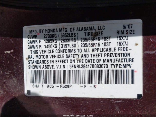 Продажа на аукционе авто 2007 Honda Odyssey Ex, vin: 5FNRL38417B083070, номер лота: 45071011
