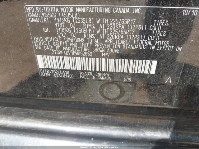 2011 Toyota Rav4 Limited მანქანა იყიდება აუქციონზე, vin: 2T3DF4DV1BW092859, აუქციონის ნომერი: 45071014