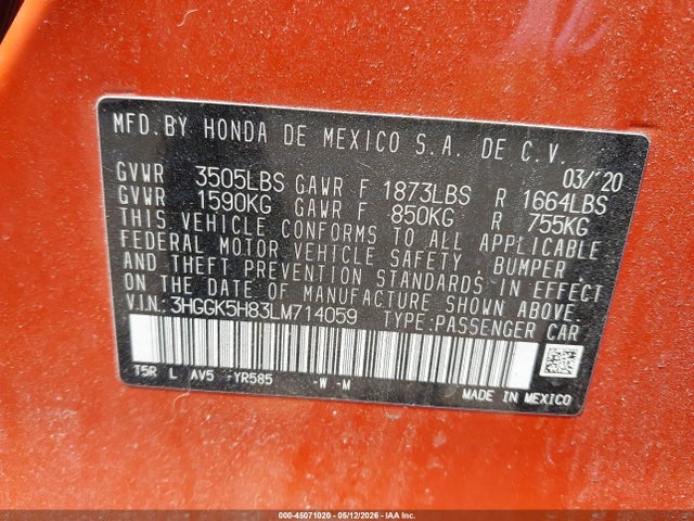 45071020 :رقم المزاد ، 3HGGK5H83LM714059 vin ، 2020 Honda Fit Ex مزاد بيع