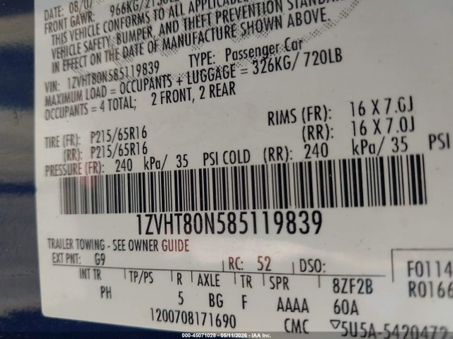 Продаж на аукціоні авто 2008 Ford Mustang V6 Deluxe, vin: 1ZVHT80N585119839, номер лоту: 45071028