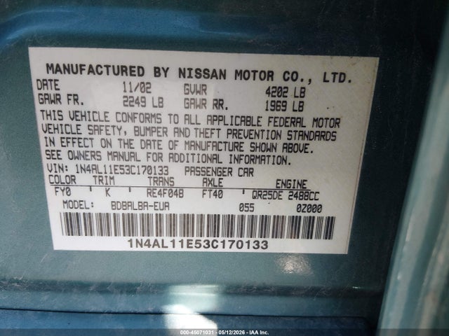 Aukcja sprzedaży 2003 Nissan Altima 2.5 S, vin: 1N4AL11E53C170133, numer aukcji: 45071031