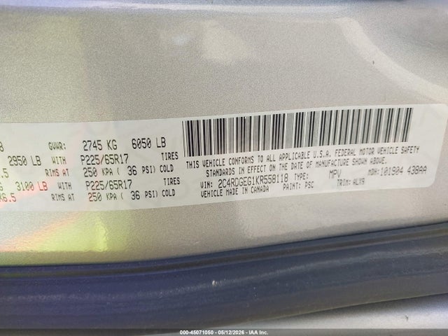 Aukcja sprzedaży 2019 Dodge Grand Caravan Gt, vin: 2C4RDGEG1KR558118, numer aukcji: 45071050