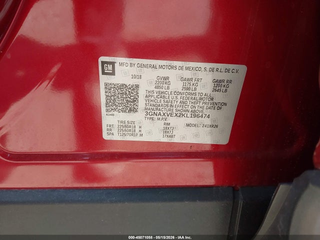 Продаж на аукціоні авто 2019 Chevrolet Equinox Lt, vin: 3GNAXVEX2KL196474, номер лоту: 45071058