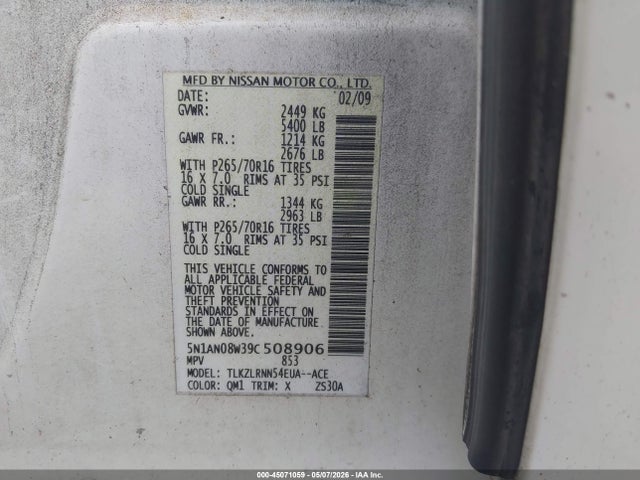 Auction sale of the 2009 Nissan Xterra S, vin: 5N1AN08W39C508906, lot number: 45071059
