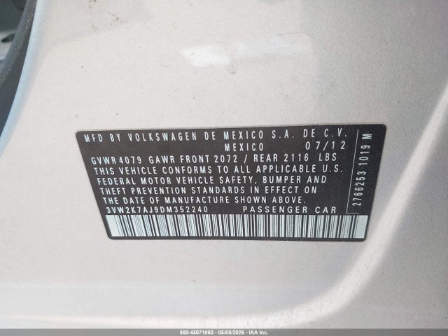 45071060 :رقم المزاد ، 3VW2K7AJ9DM352240 vin ، 2013 Volkswagen Jetta 2.0l S مزاد بيع