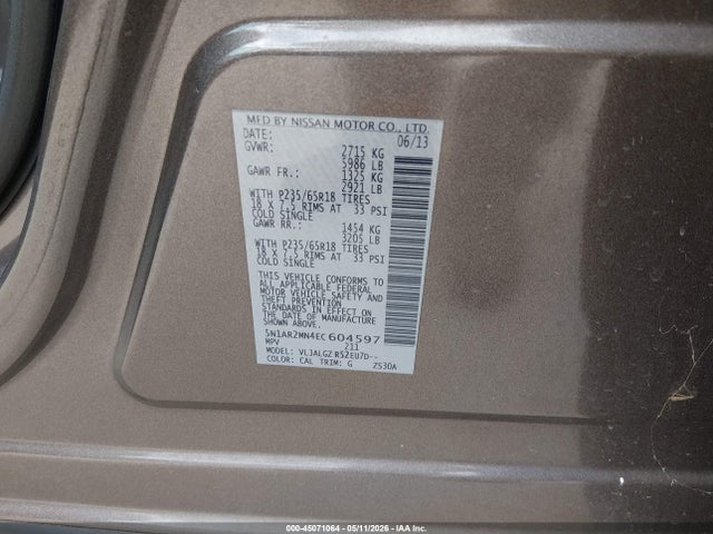 Продаж на аукціоні авто 2014 Nissan Pathfinder Sl, vin: 5N1AR2MN4EC604597, номер лоту: 45071064