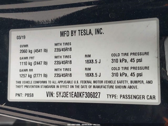 Aukcja sprzedaży 2019 Tesla Model 3 Long Range/mid Range/standard Range/standard Range Plus, vin: 5YJ3E1EA0KF306027, numer aukcji: 45071066