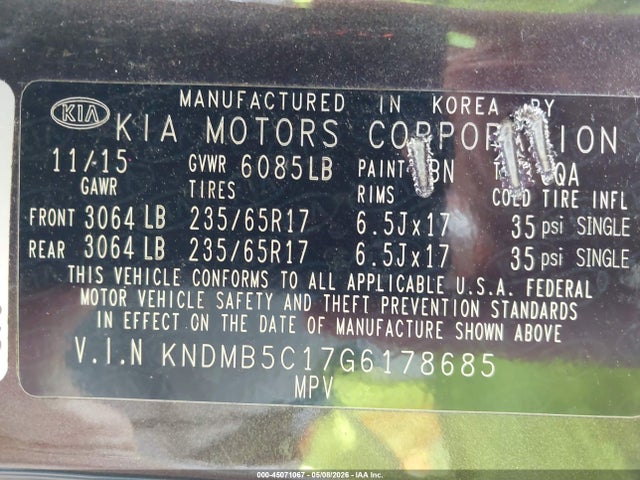 Продажа на аукционе авто 2016 Kia Sedona Lx, vin: KNDMB5C17G6178685, номер лота: 45071067